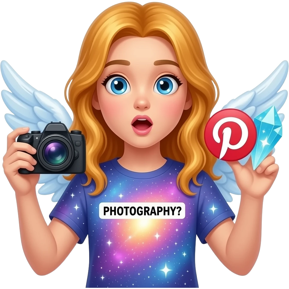 An ethereal blue eyes, glowing amber hair, angel, hand made of starlight holding a crystalline Pinterest logo on the right hand, a camera on the left hand, surprised, pointing at icon. A black text: 'PHOTOGRAPHY?' on center of t-shirt. Glowing nebula colors, isolated on white, bold 3D icon emoji