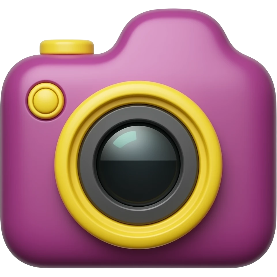 Glossy 3D rendered film camera emoji, smooth rounded cartoon design, berry (#B4018C) body, pure yellow (#FFF200) lens ring and accents, soft shading and highlights, white background, square emoji format emoji