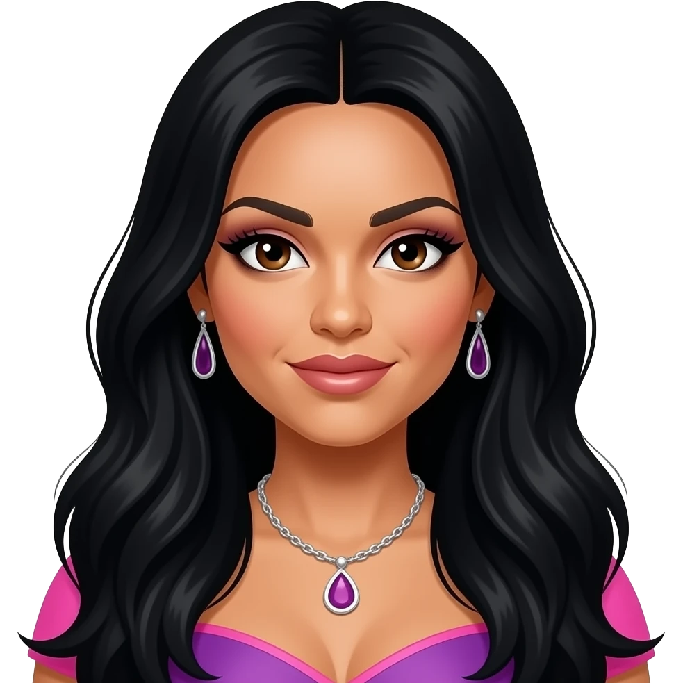 Nicole Scherzinger from The Pussycat Dolls with dark brown eyes, long black hair, pink and purple r&b outfit, necklace and earrings emoji