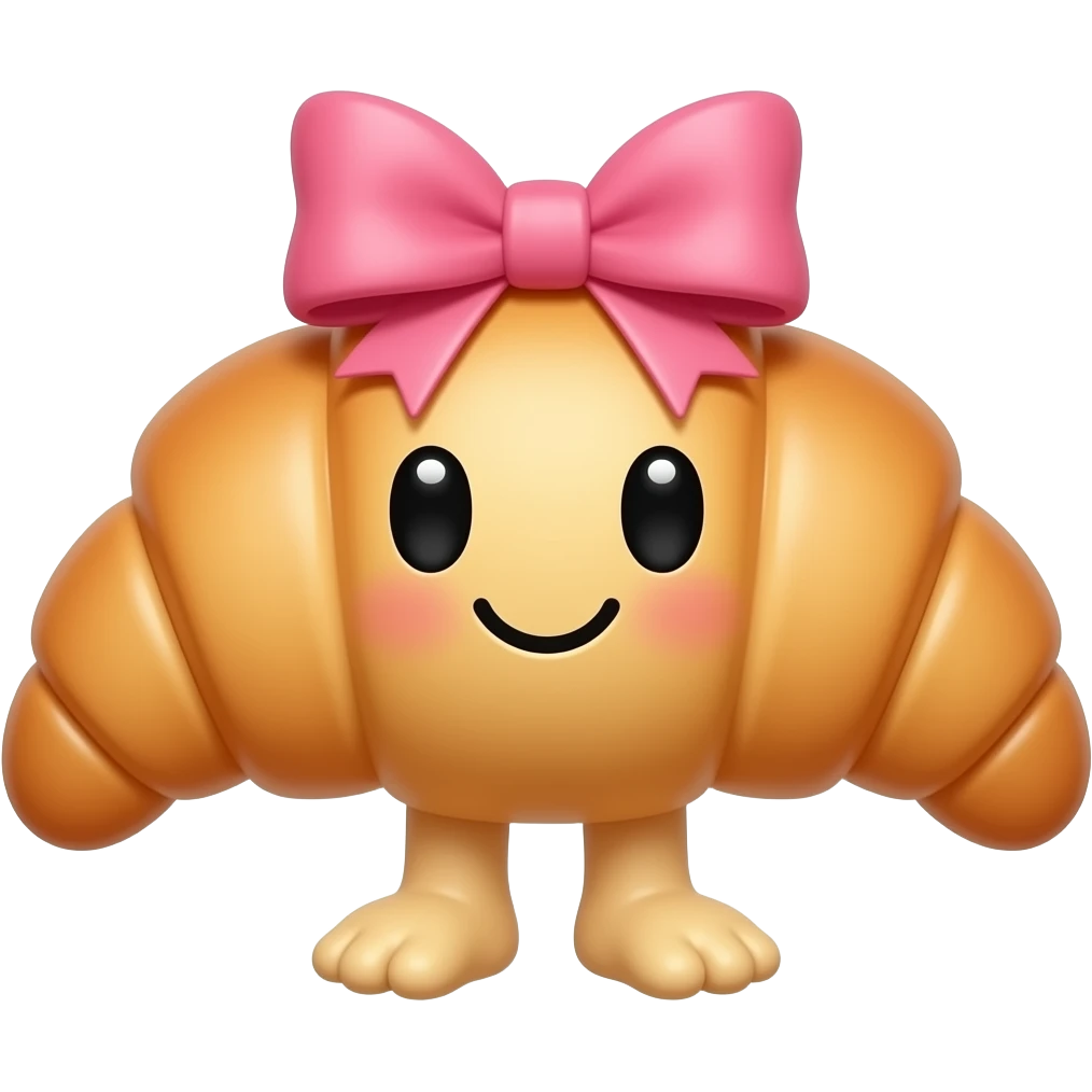 croissant with pink bow and black eyes and a smile and feet emoji