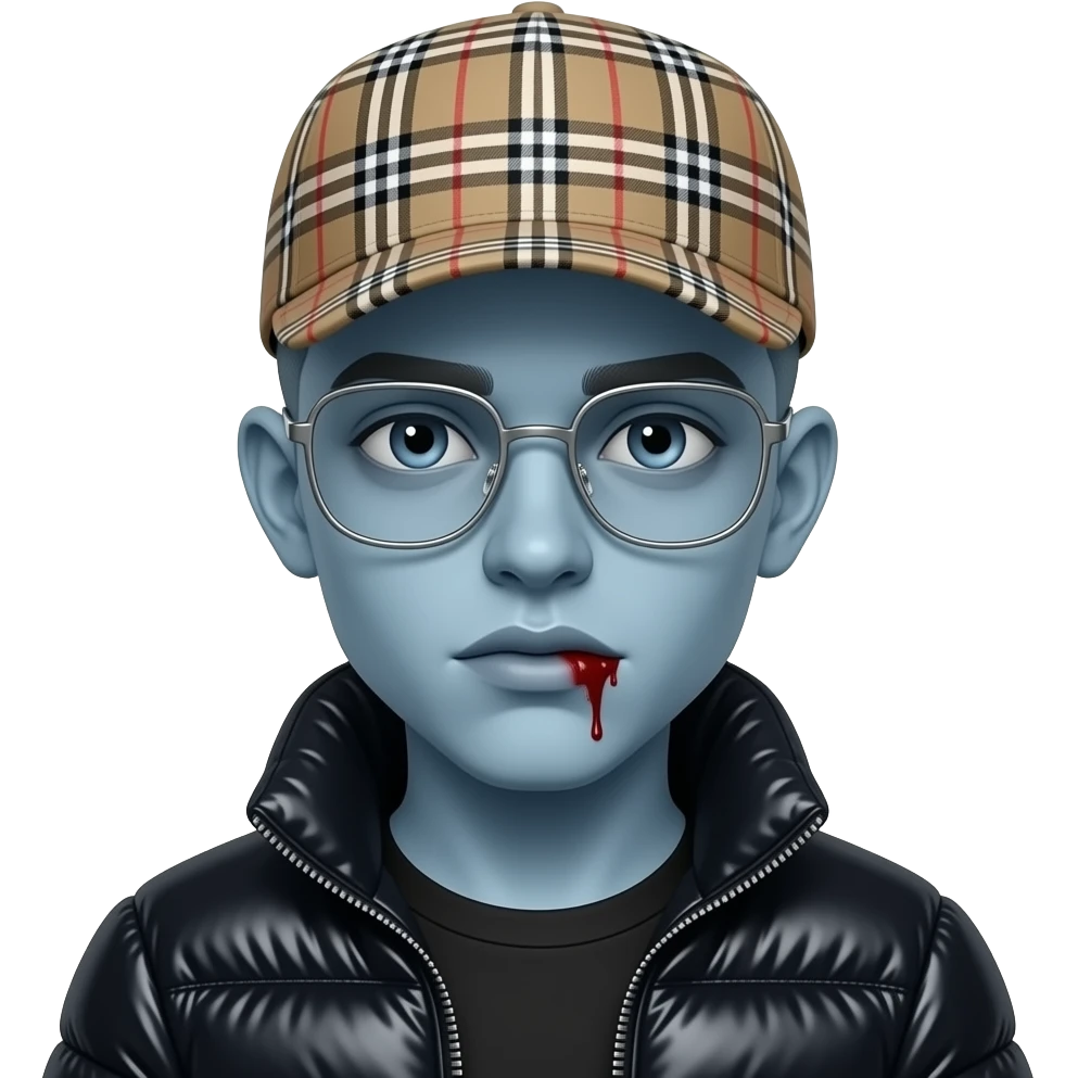 A zombie teenage boy with blue skin, buzz cut, big straight nose. Bloody lips and smooth skin. Wearing a burberry cap and chorme hearts glasses and shiny black Moncler puffer jacket. emoji