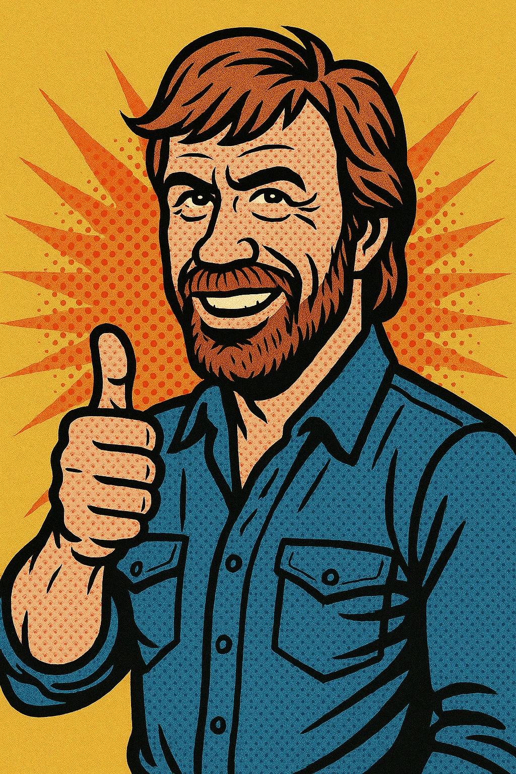 caricature style Chuck Norris with a thumbs up, strong jawline, over-the-top heroic pose, vibrant and energetic emoji