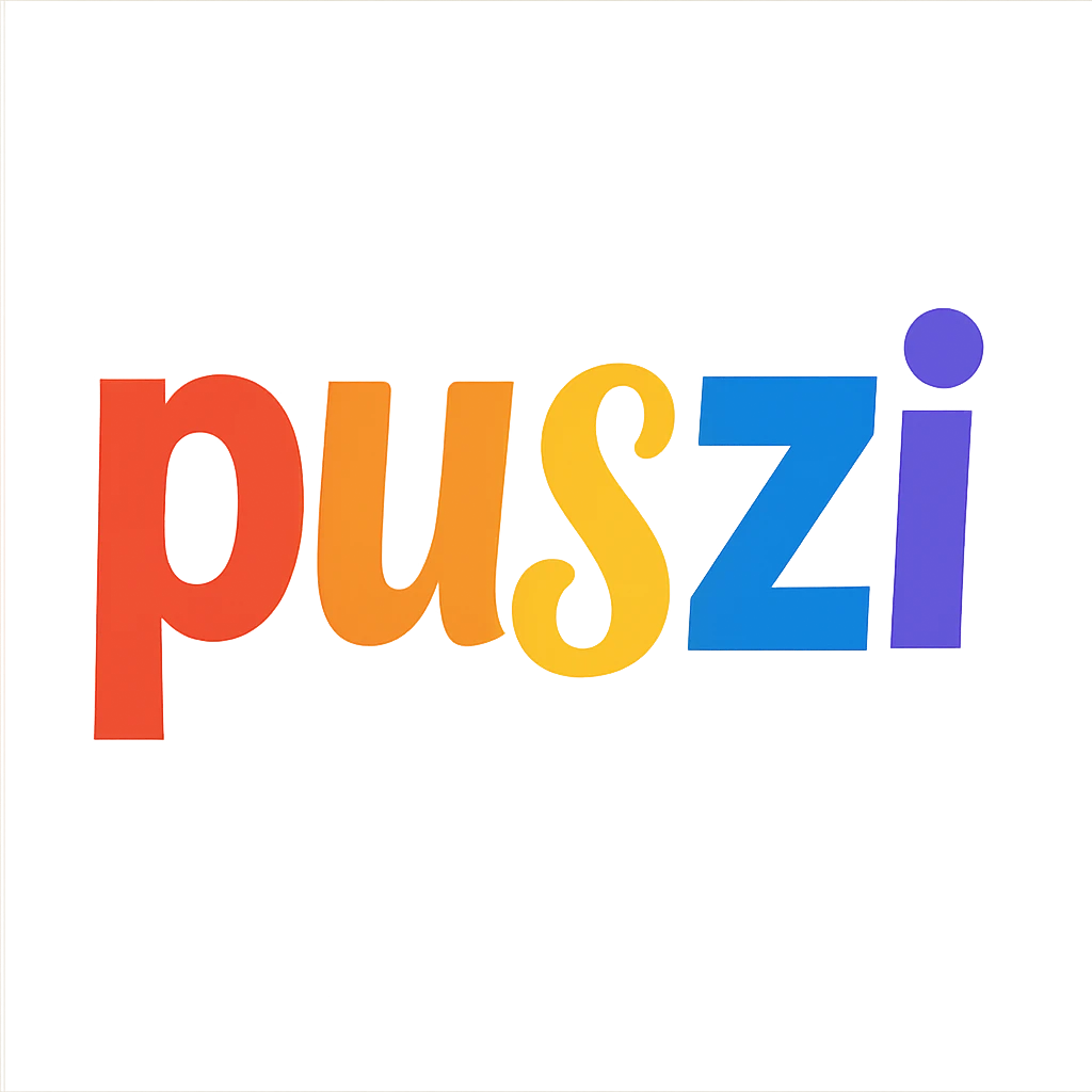 colorful modern text image with the word 'puszi' in the center, varied colorful fonts, no emoji or face emoji