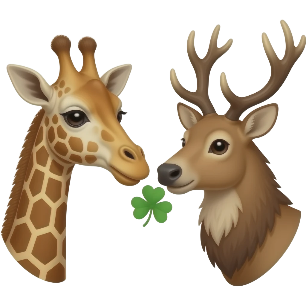 Einfacher Giraffenkopf und Elchkopf schauen sich an mit Glücksklee emoji
