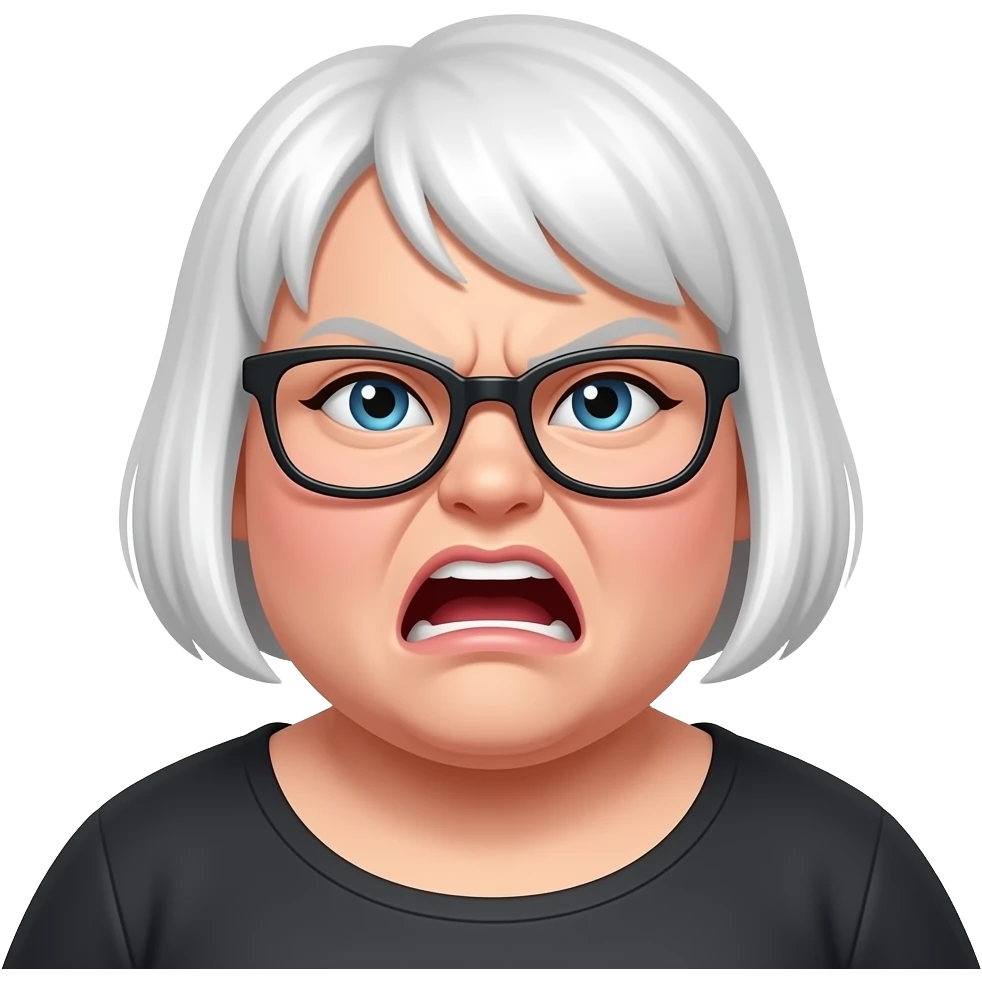 Fat white women spitting angry black short bobcut glasses emoji