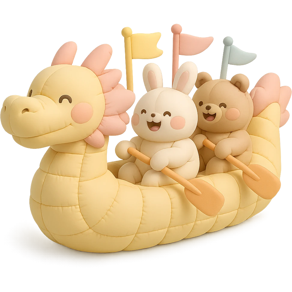 chubby dragon boat with cute animal rowers paddling joyfully, pastel tones, festive background, cushion style emoji