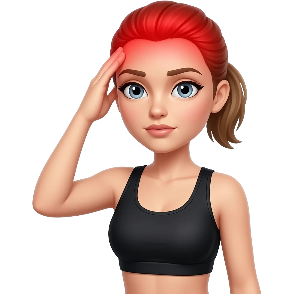 head pain, full red glow covering the entire head area, woman holding her head, fair-skinned woman, gray-blue eyes, ash brown brows, ash light brown hair tied back, slim athletic body, black workout set emoji