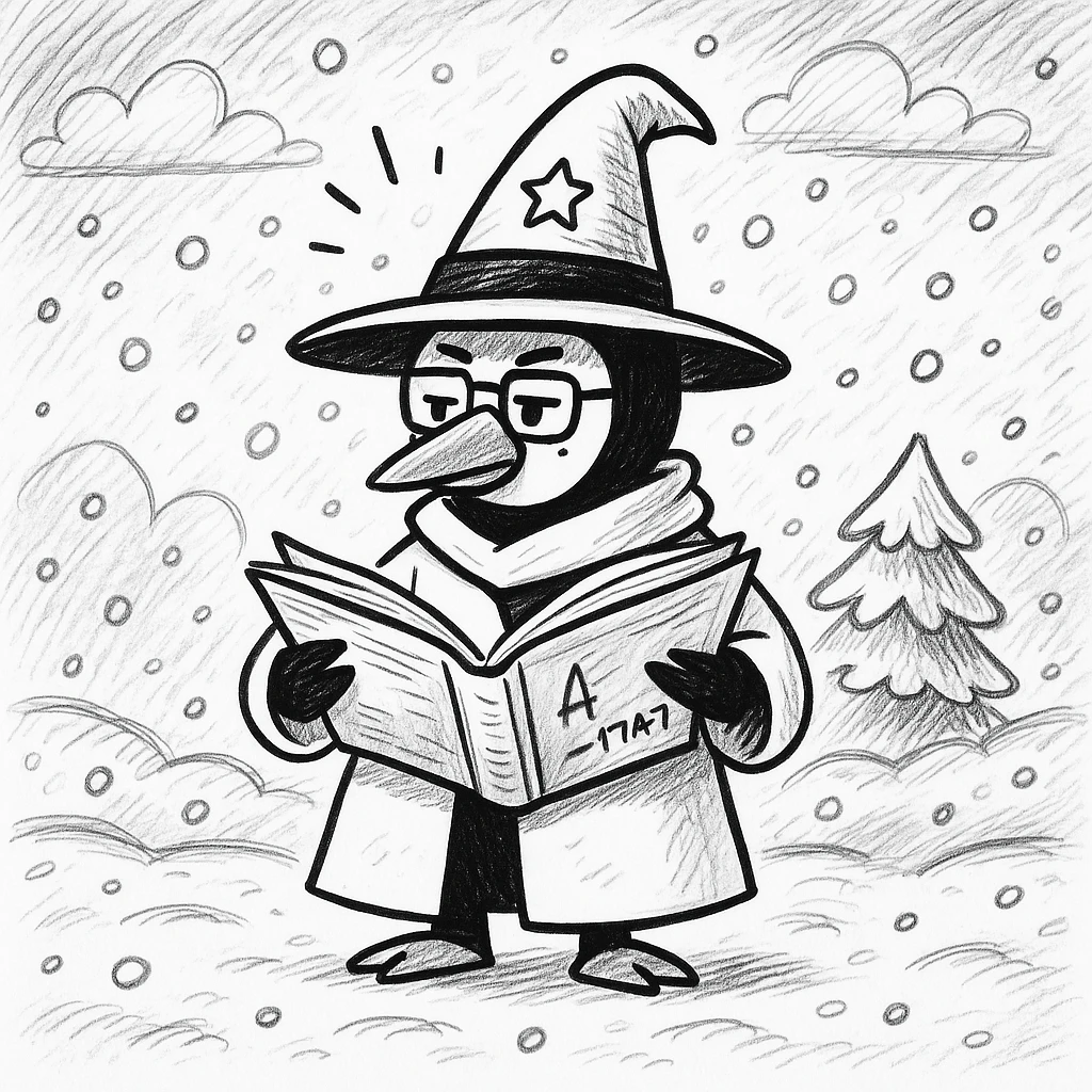 Add a snowy background behind the hand-drawn doodle penguin wizard, keeping the hand-drawn doodle style with sketchy lines and playful details. emoji