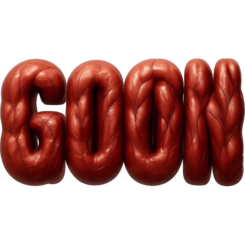 Enhance the bodybuilder muscles in the word GOON by adding prominent veins and a shiny, glossy effect to emphasize anatomical detail and make the flesh look more lifelike. Keep no background, transparent only. emoji