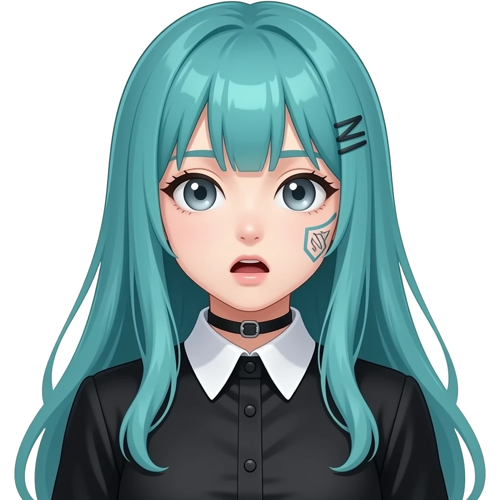 anime girl, shocked , face tattoos, long flowing teal hair, grey eyes, black shoulder cyberpunk blouse with fancy white collar emoji