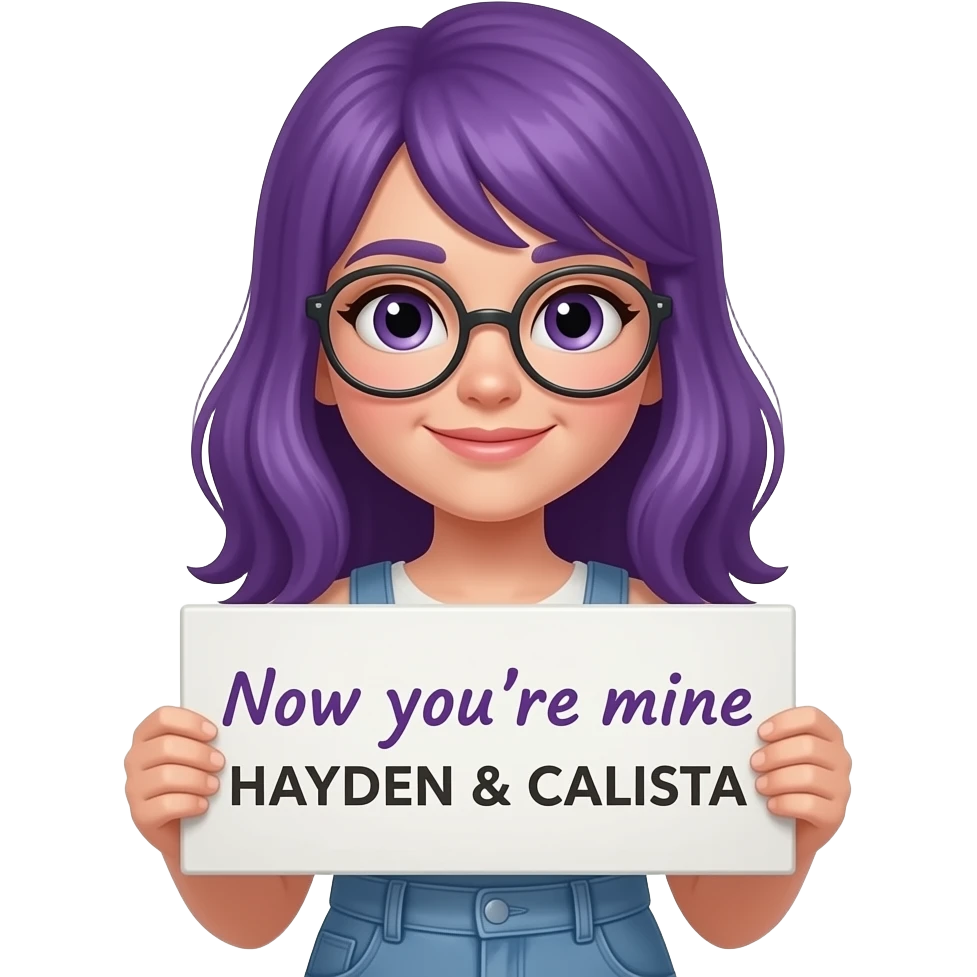 girl with long purple hair holding a Now you're mine HAYDEN & CALISTA sign emoji