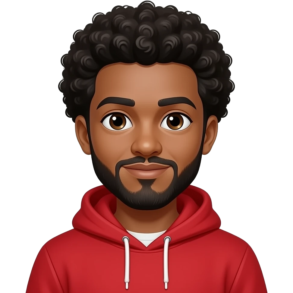 A boy with a Afro hair and has a Red hoodie with a beard emoji
