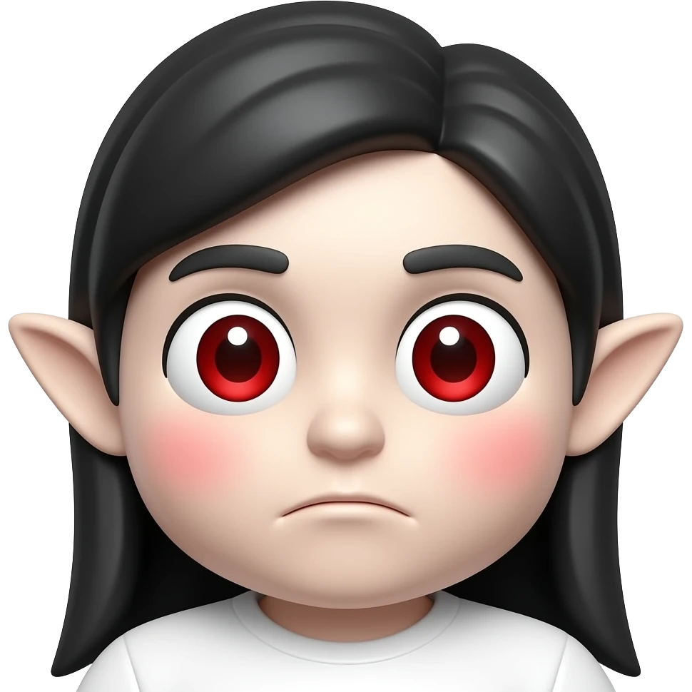 카툰 입체 이모티콘.흰 피부. 붉은 동공. 살색 날카로운 귀. 무표정. 큰 눈. 새하얀 피부. 붉은 홍조. 검정 긴생머리. emoji