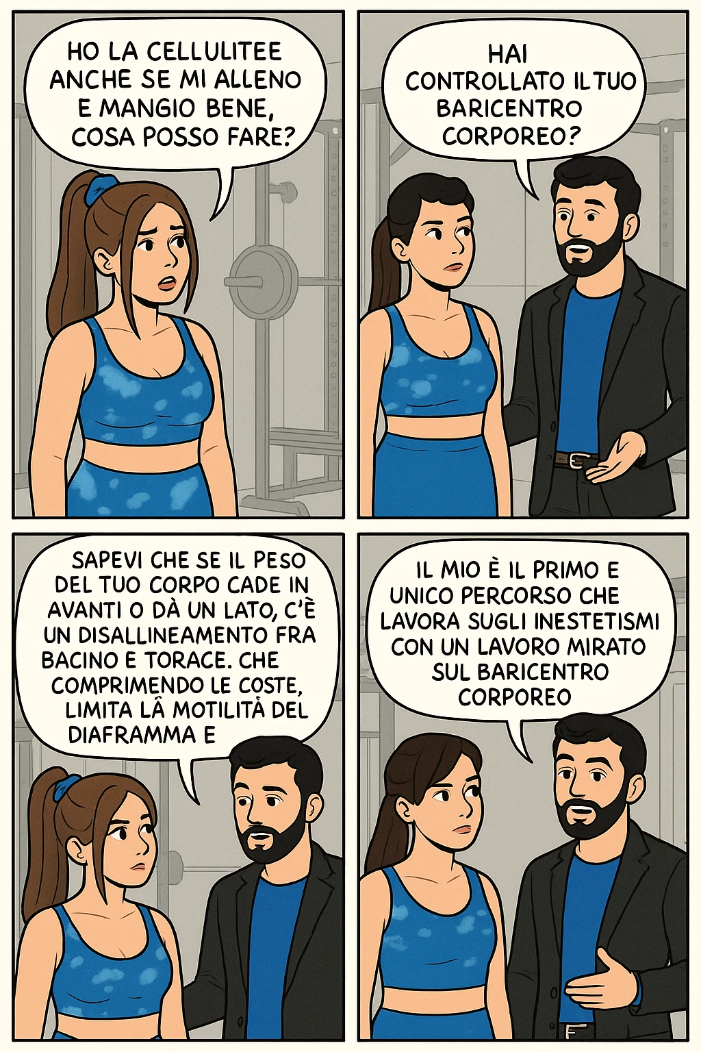 TRASFORMA QUESTO CAROSELLO IN UN FUMETTO CON QUESTE DUE PERSONE IDENTICHE CHE INTERLOQUISCONO TRA LORO:

LEI: Ho la cellulite anche se mi alleno e mangio bene, cosa posso fare?

LUI: Hai controllato il tuo baricentro corporeo?
LUI: Sapevi che se il peso del tuo corpo cade in avanti o da un lato, c’è un disallineamento fra bacino e torace, che comprimendo le coste, limita la motilità del diaframma e l’ossigenazione dei tessuti?
LUI: Il mio è il primo e unico percorso che lavora sugli inestetismi con un lavoro mirato sul baricentro corporeo. emoji