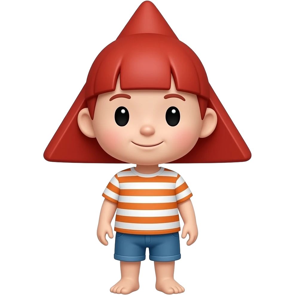 A kid with red hair a triangle head a white and orange striped shirt with blue shorts emoji