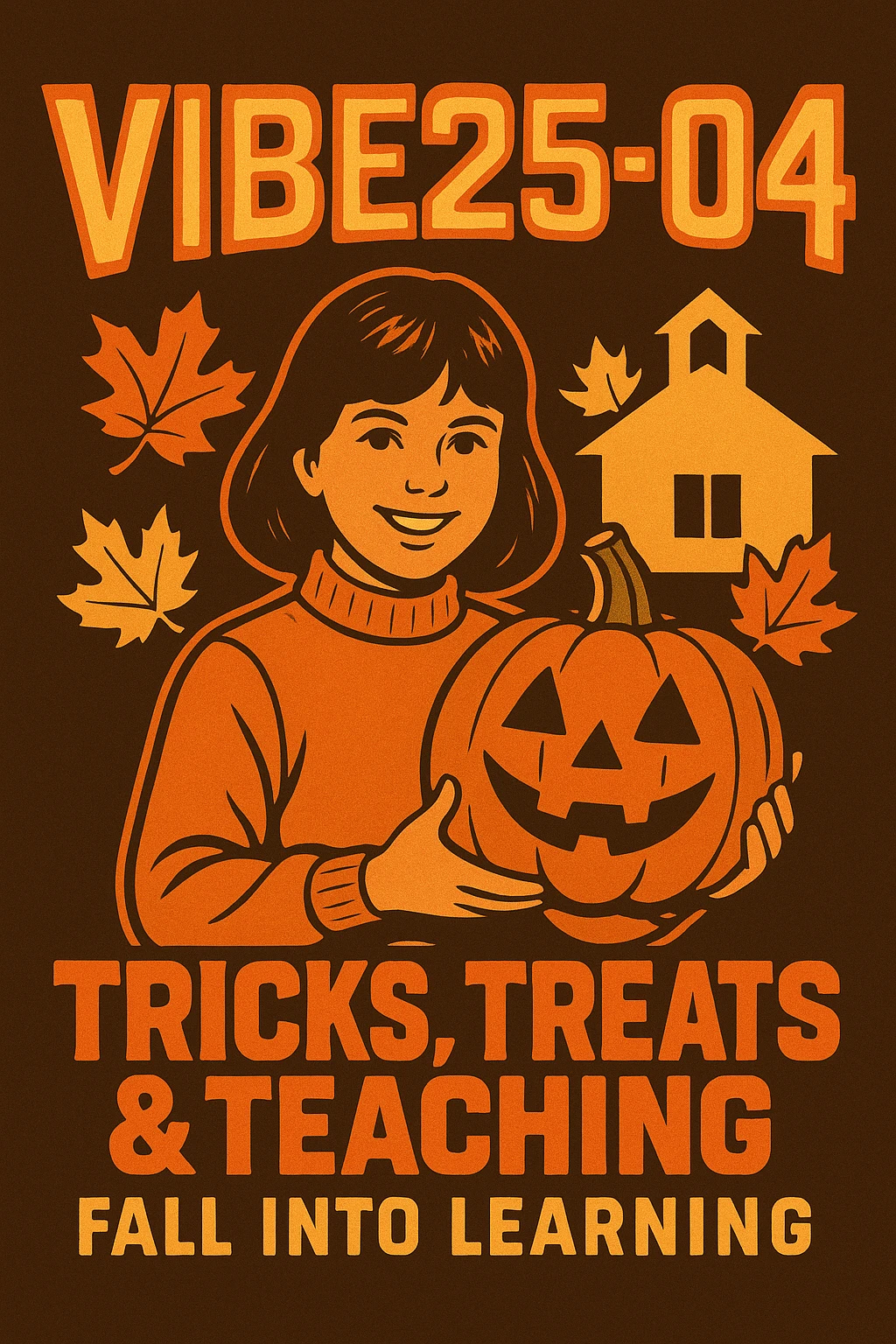 Create a logo that encompasses a retro 80's feel, nostalgic, ALSO RETRO.  Add the words "VIBE25-04: Tricks, Treats & Teaching: Fall Into Learning" emoji