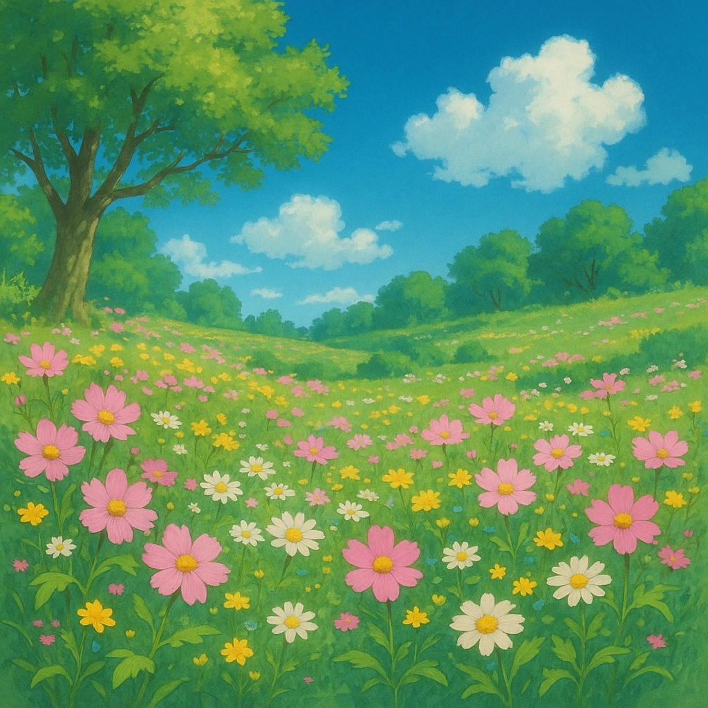spring in ghibli style, blooming flowers, clear skies, lush greenery, serene atmosphere emoji