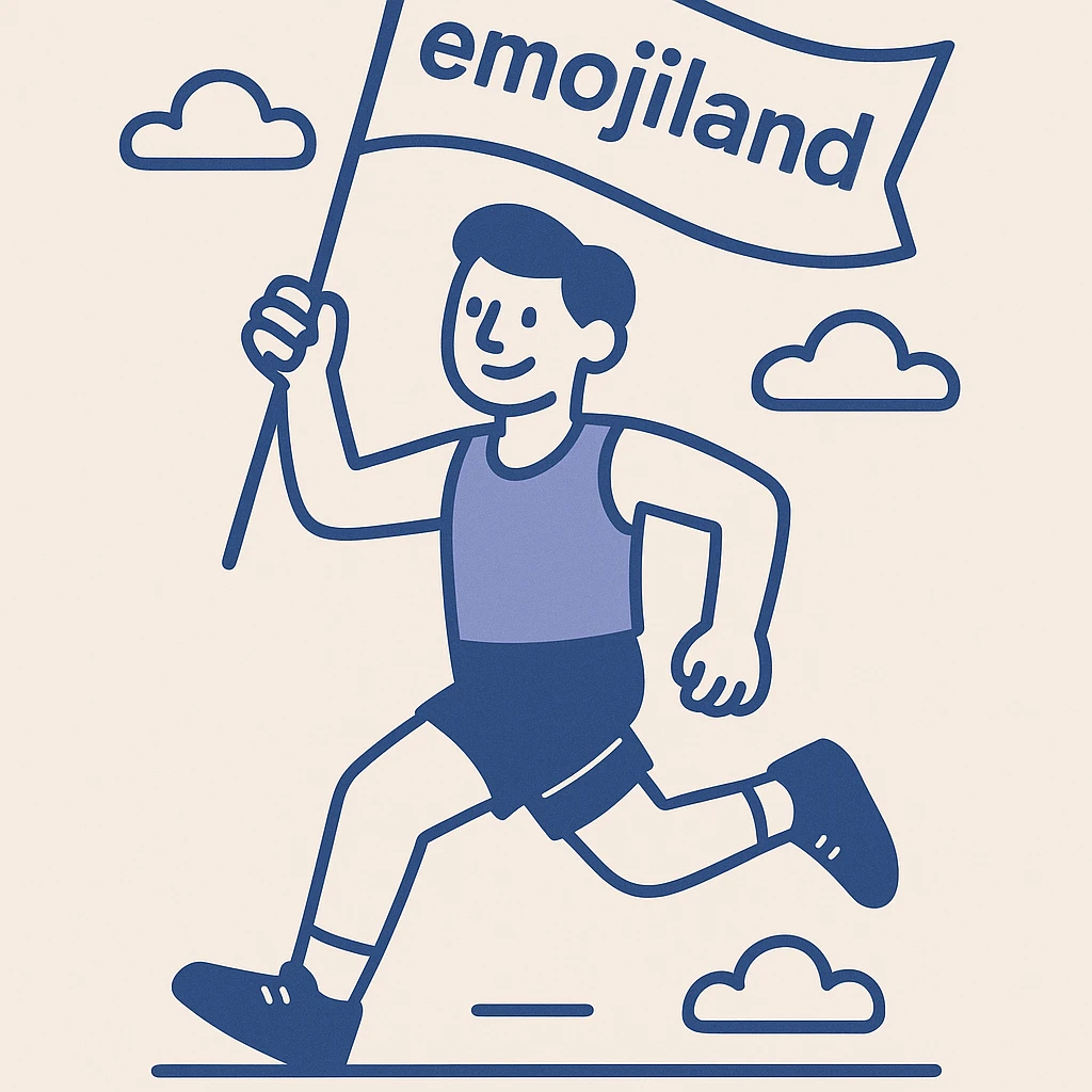 happy runner waving a flag that says 'emojiland' emoji