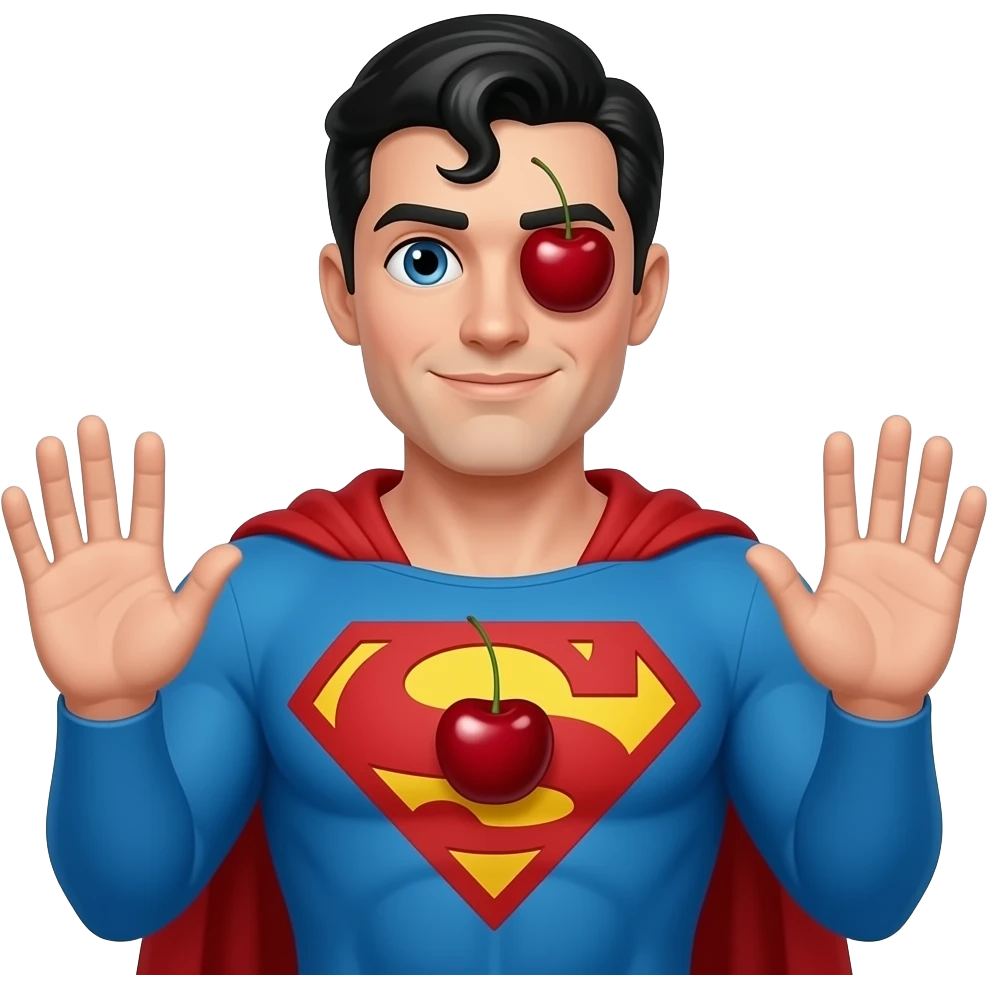 Make superman with a joint in his hand  just half body seen and cherries in his pupils, easily recognizable, also a cherry instead of a S in the chest and in the other hanf a cherry emoji