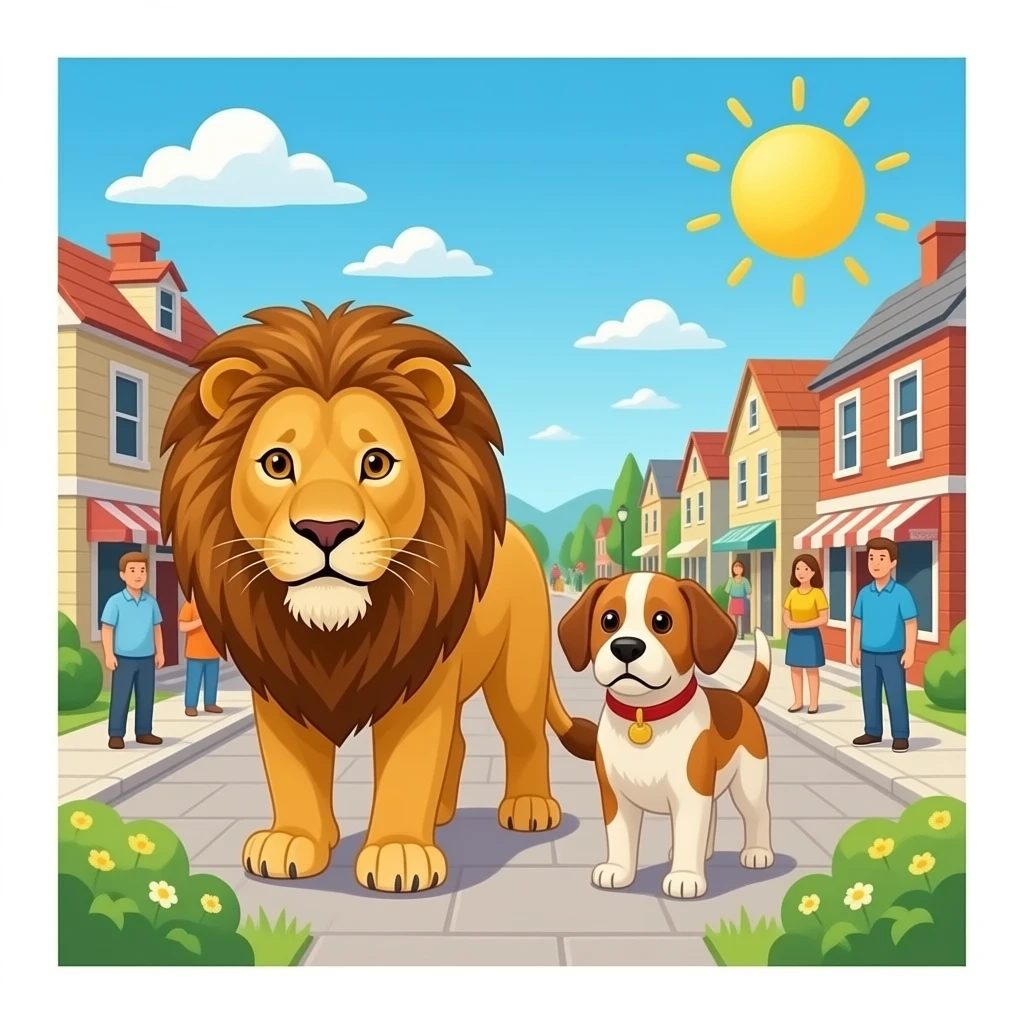 quiero un leon y un perrro que esten en un pequeño  pueblo que la gente le tenga mucho mido para el final de un cuento emoji