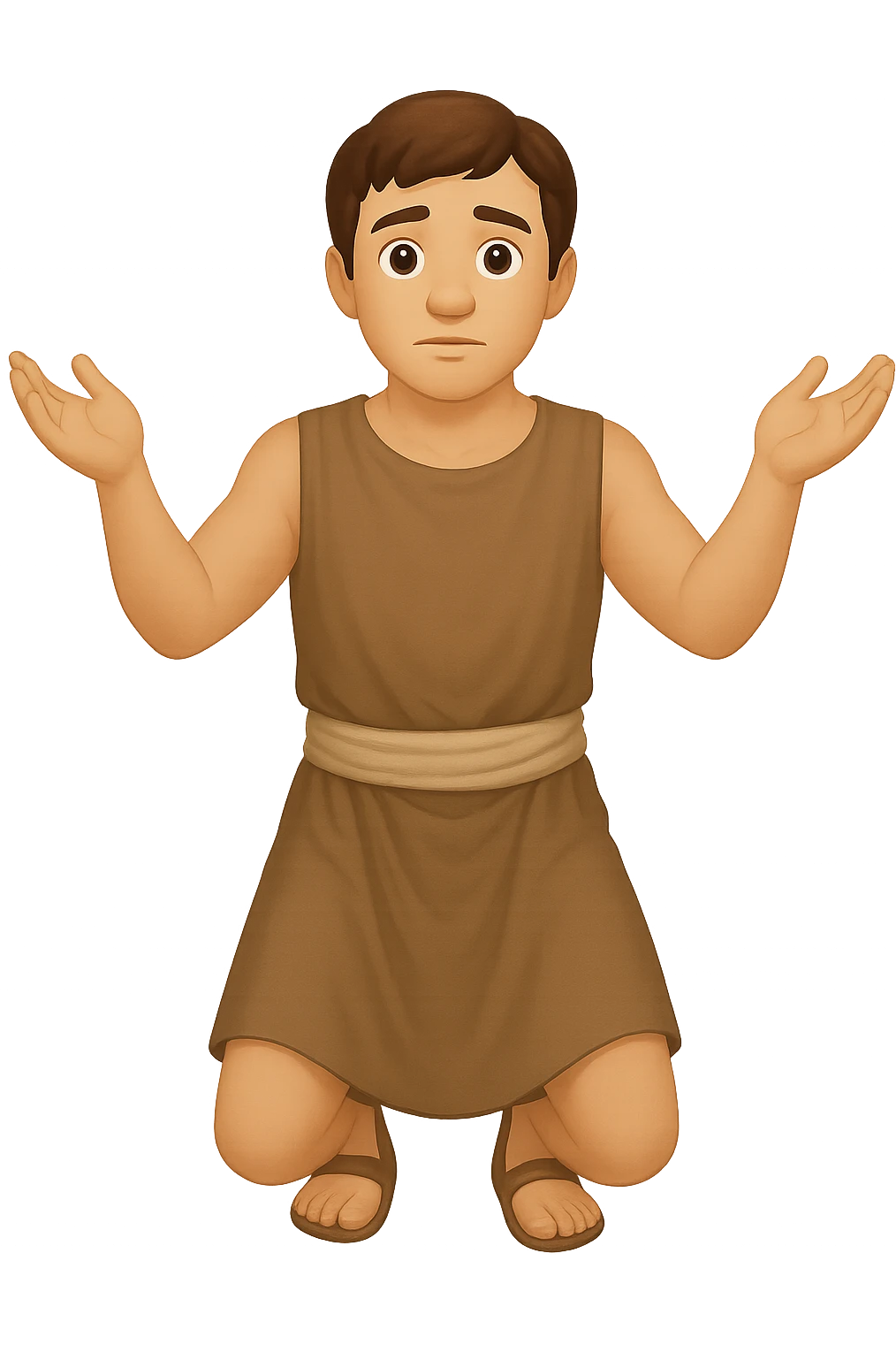 Remake this emoji in apple emoji style with brown hair and no silver handbands, fullbody apostle kneeling pose, variation 2. Keep the apple emoji style look and feel. emoji