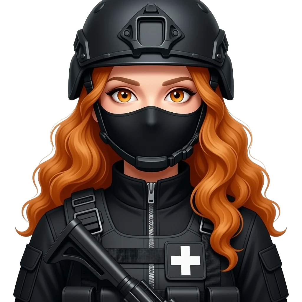 sexy girl with long curly ginger hair and ginger eyes wearing-a-black-special-tactics-medical-force-outfit-and-a-black-combat-boots-plateface-with a-black-balaclava-and-wears-a-helmet emoji