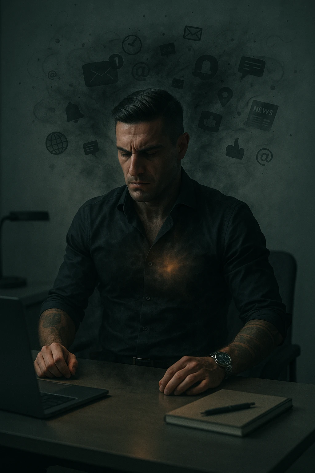 A highly realistic, cinematic image of a young man in his early 30s, sitting at a modern office desk under harsh artificial lighting, shoulders hunched, jaw clenched, and breathing shallowly, symbolizing how modern society forces people to live in a state of chronic tension and restricted breathing. Around him, faint black and grey visual elements represent notifications, deadlines, social media icons, and news alerts, swirling around his head like a chaotic storm, symbolizing societal pressure. His chest appears visually tight and compressed, and faint dark smoke emanates from his body, representing blocked breath and internalized stress. In contrast, a faint glowing light near his chest and abdomen tries to expand, symbolizing the innate desire of the body to breathe freely and deeply. The environment is cold and minimalistic, with a sense of stillness and tension, captured in a hyperrealistic 35mm film style with muted colors, focusing on the man's tense posture and restricted breathing to reflect the unseen burden of modern living. emoji