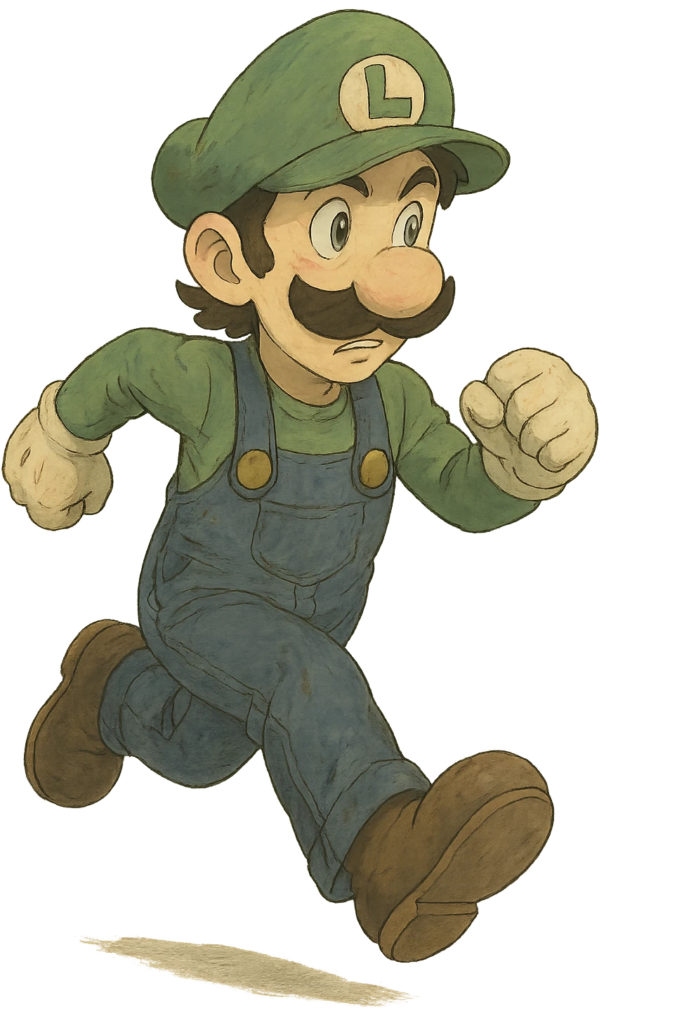 full body Luigi from Mario, classic green hat and blue overalls, running pose, ghibli style emoji