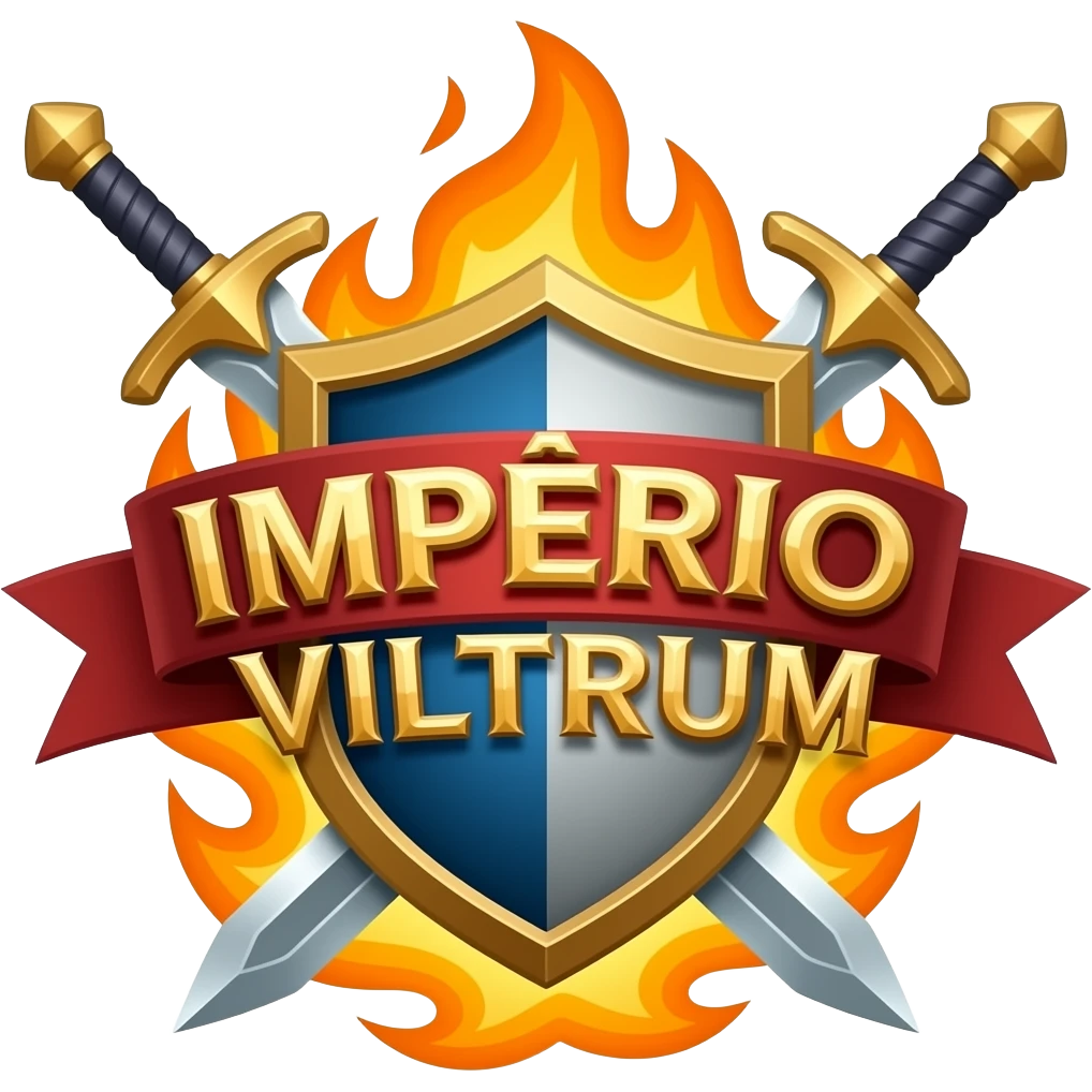logo para guilda de rpg escrito IMPÉRIO VILTRUM com espadas de magia, ao redor da logo com fogo emoji