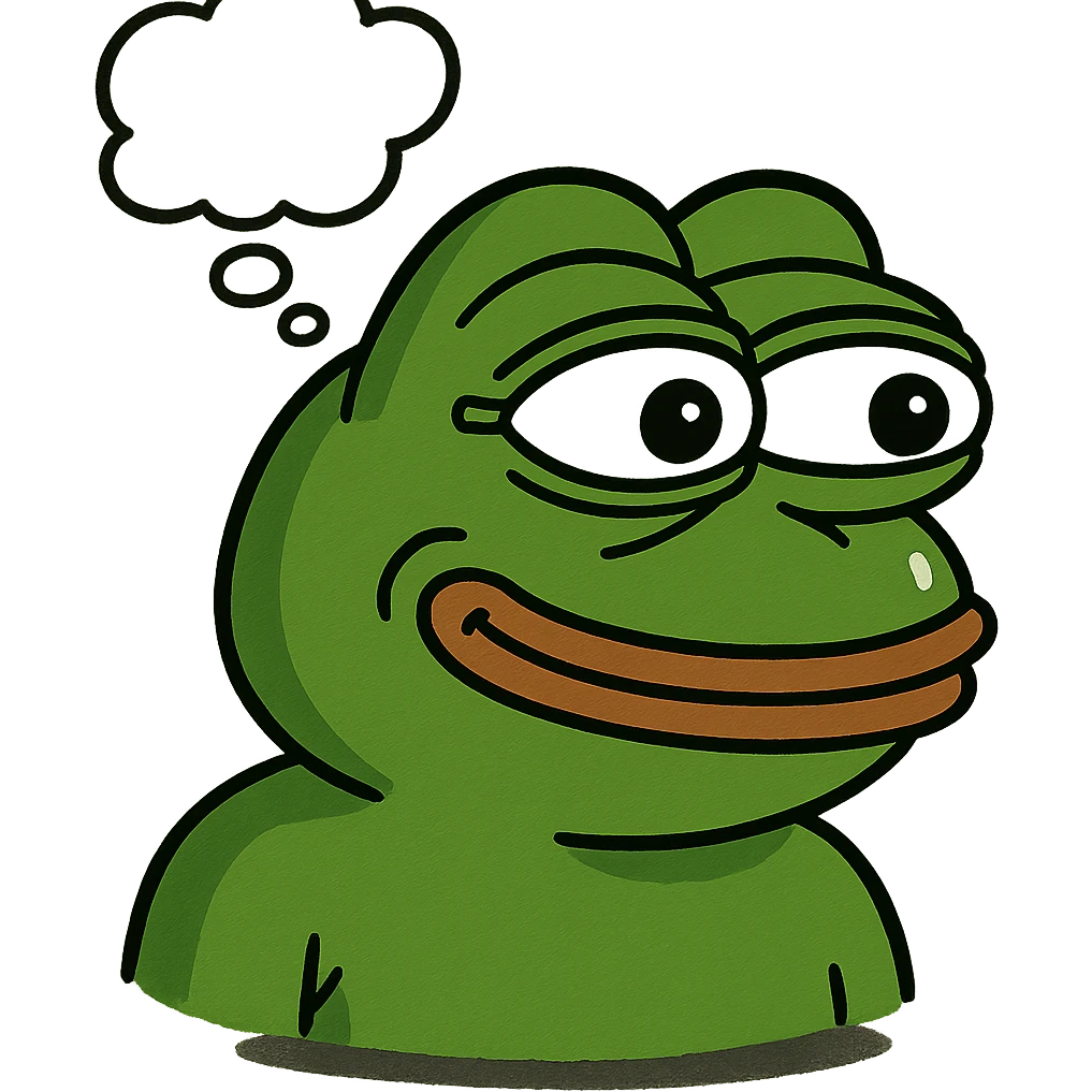 bright green Pepe the Frog in 3D style, smiling, with a thought bubble above his head, looking to the right, featuring strong highlights and shadows, and a drop shadow beneath emoji