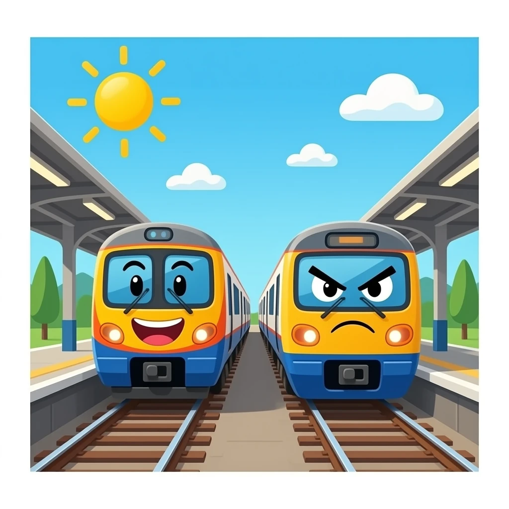2 train at the station in a sunny day with doodle faces the first train laughing and the angry face on the other train emoji