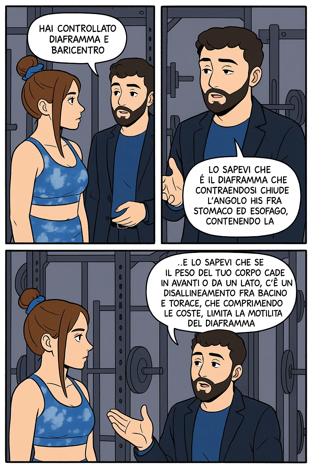 TRASFORMA QUESTO CAROSELLO IN UN FUMETTO STILE WEBTOON/MANGA A COLORI CON QUESTE DUE PERSONE IDENTICHE CHE INTERLOQUISCONO TRA LORO, L'uomo sta spiegando alla donna questo concetto:

LUI (UOMO): Hai controllato diaframma e baricentro corporeo?
LUI (UOMO): Lo sapevi che è il diaframma che contraendosi chiude l’angolo his fra stomaco ed esofago, contenendo la risalita degli acidi grassi?
LUI (UOMO): …e lo sapevi che se il peso del tuo corpo cade in avanti o da un lato, c’è un disallineamento fra bacino e torace, che comprimendo le coste, limita la motilità del diaframma e quindi il contenimento del reflusso? emoji