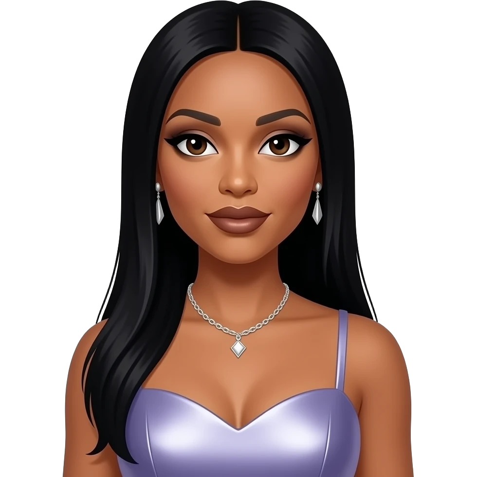 Toni Braxton from The Braxtons with dark brown eyes, long black straight hair, black eyeshadow, brown lipstick, periwinkle metallic sweetheart dress, necklace and earrings emoji