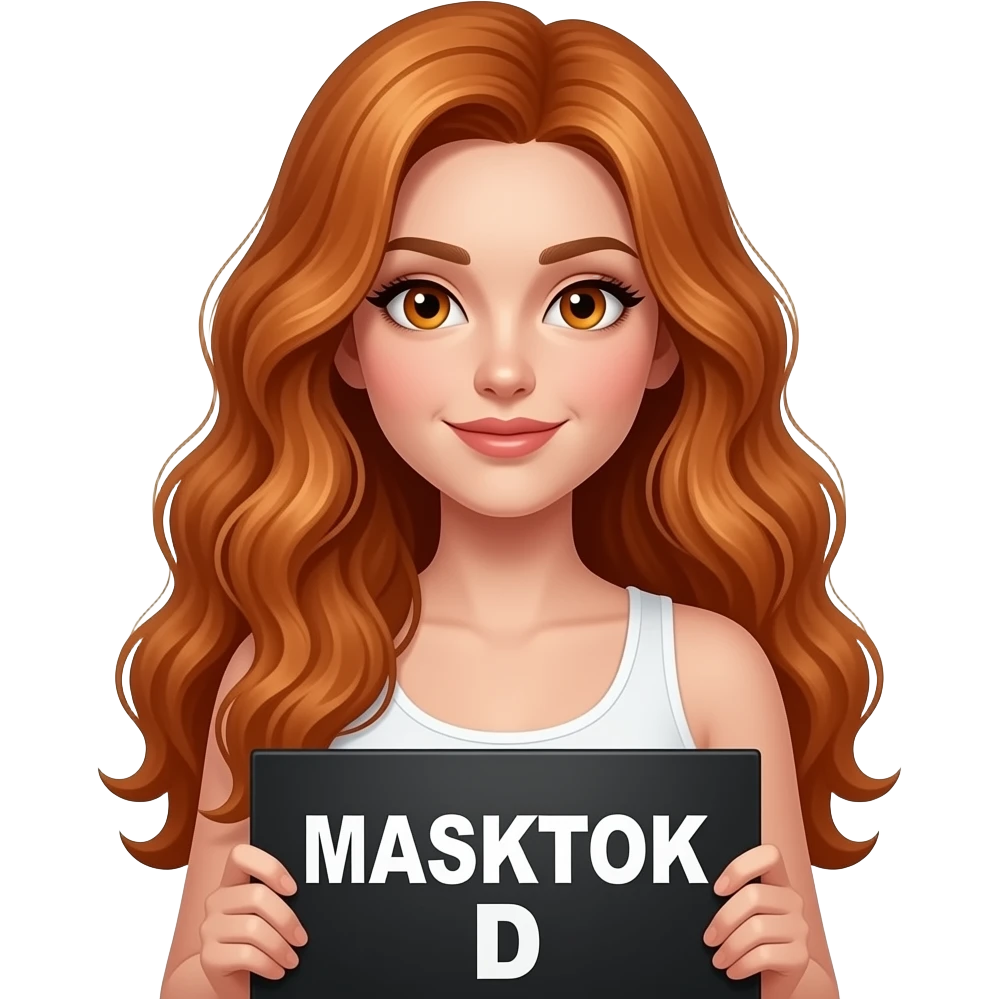 sexy girl with long wavy ginger hair and ginger eyes wearing a white tanktop is holding a black colored sign with MASKTOK D written on it emoji