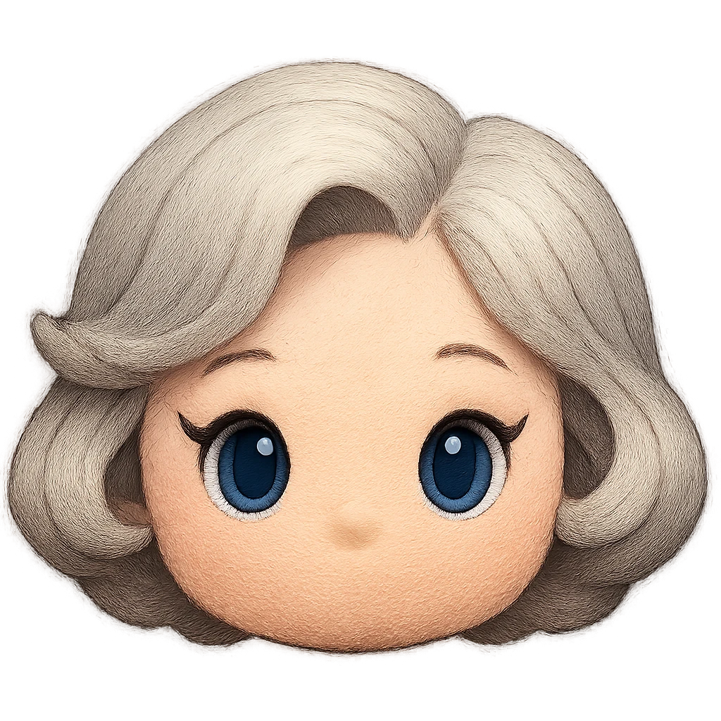 Change hair to pure silver grey with no blue or yellow cast, plush tsum tsum style, blue eyes, 1940s bob haircut, no body, no mouth, no white border, transparent background. emoji