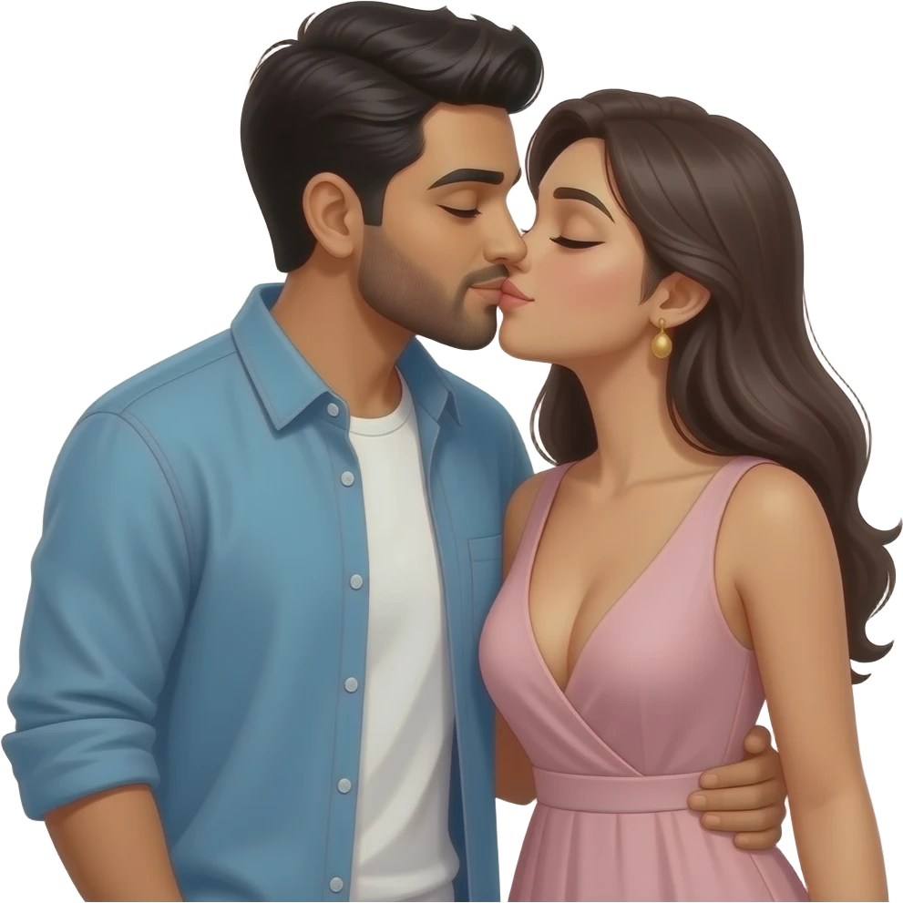 Husband kissing wife lovingly Indian couple modern casual dress. Lady low neck emoji