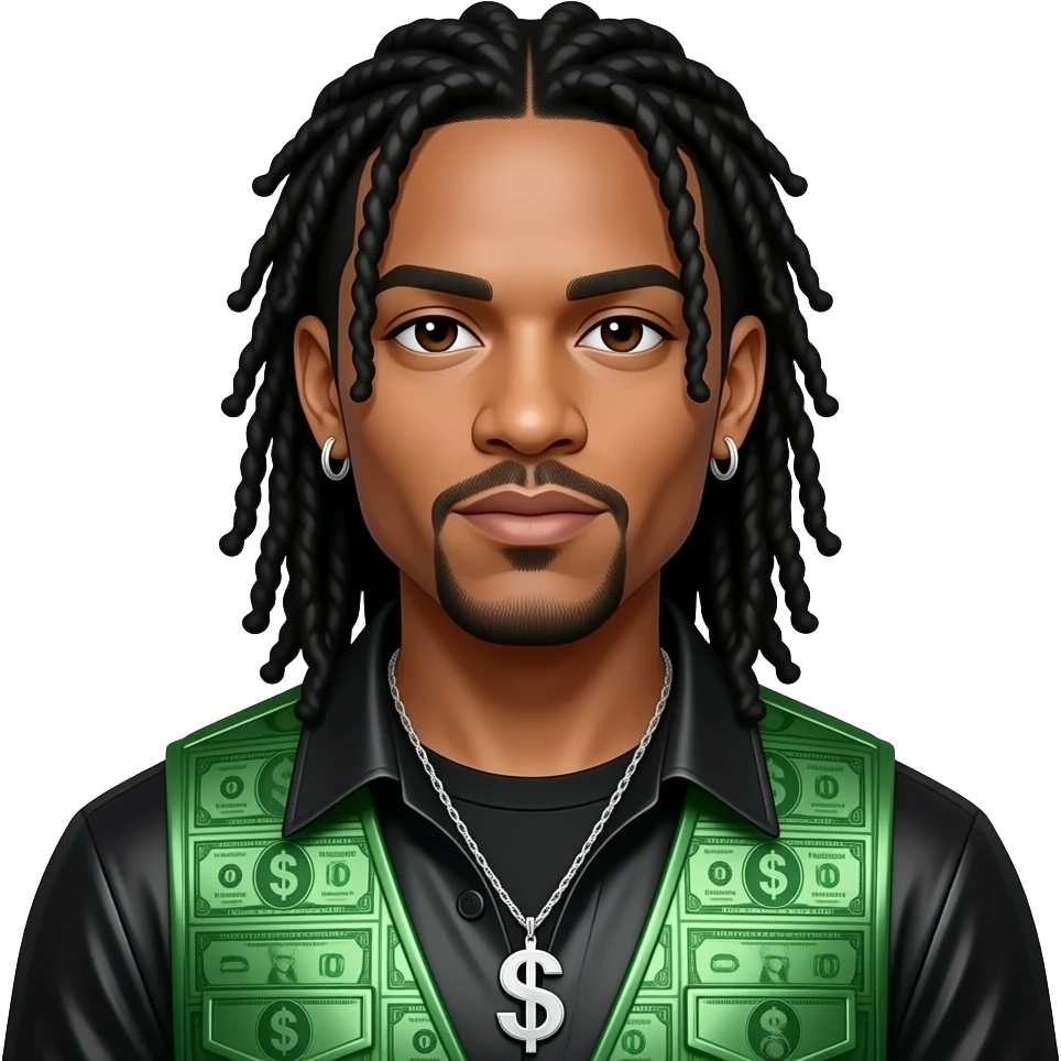 Ludacris with dark brown eyes, long black afro hair, black metallic sleeveless shirt, money green metallic vest, necklace and earrings emoji