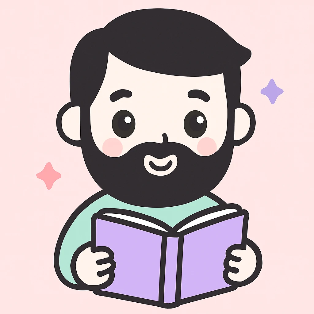 a white young man with a black beard, straight hair, and brown eyes reading a lilac-colored book, cute cartoon style emoji