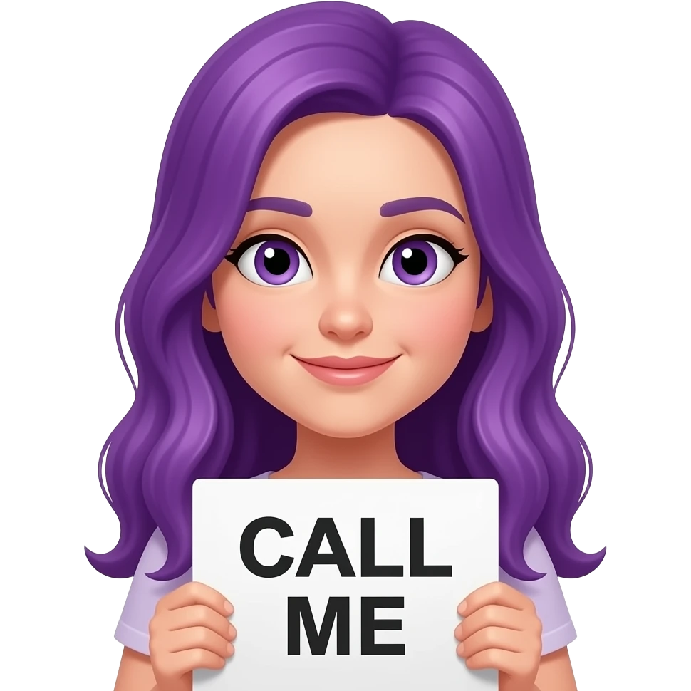 girl with long purple hair holding a CALL ME sign emoji