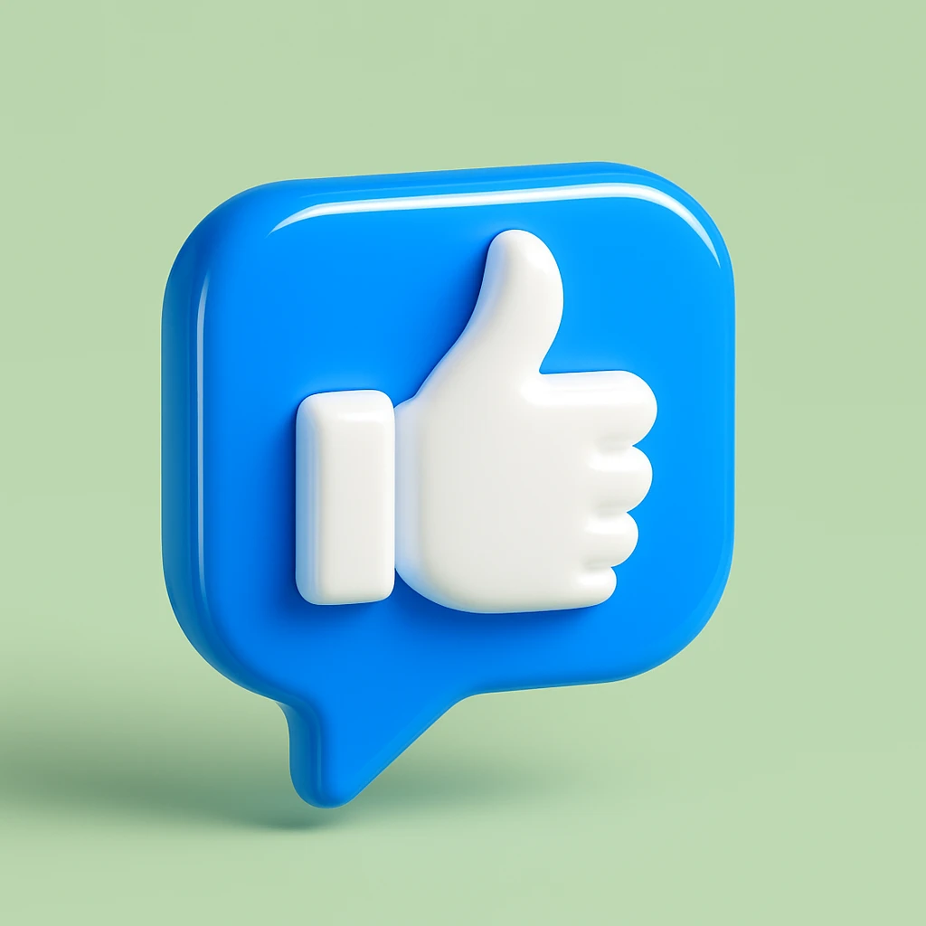 Change the background to a soft green, keep the 3D thumbs up like icon, white thumb on bright blue speech bubble, modern social media style, floating, high gloss, minimal design, centered, 3D Blue style. emoji