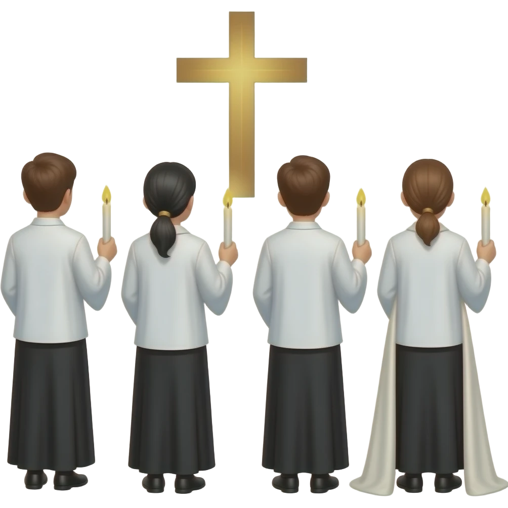 Gente en la iglesia, de espaldas, vestida de blanco arriba, negro abajo, con una vela en la mano, por la vigilia pascual emoji