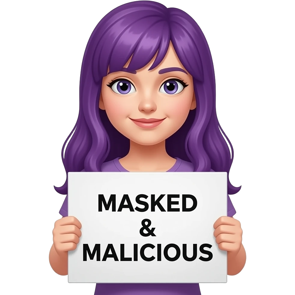 girl with long purple hair with a MASKED & MALICIOUS sign emoji