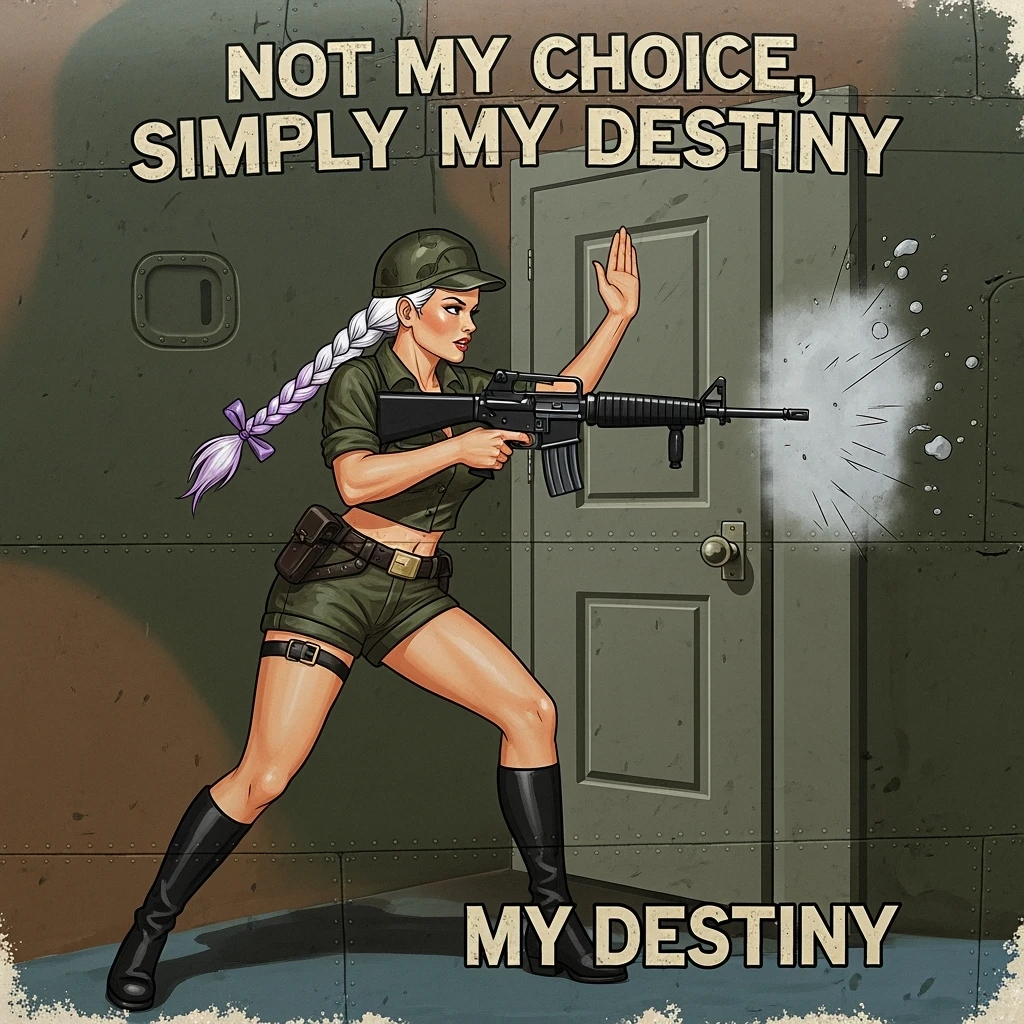 a retro military pinup fuselage decoration for the motto " not my choice, simply my destiny "
the female figure in the pinup image wears a single white braid with lavender tips, breaching, m4a1, "move" handsignal emoji