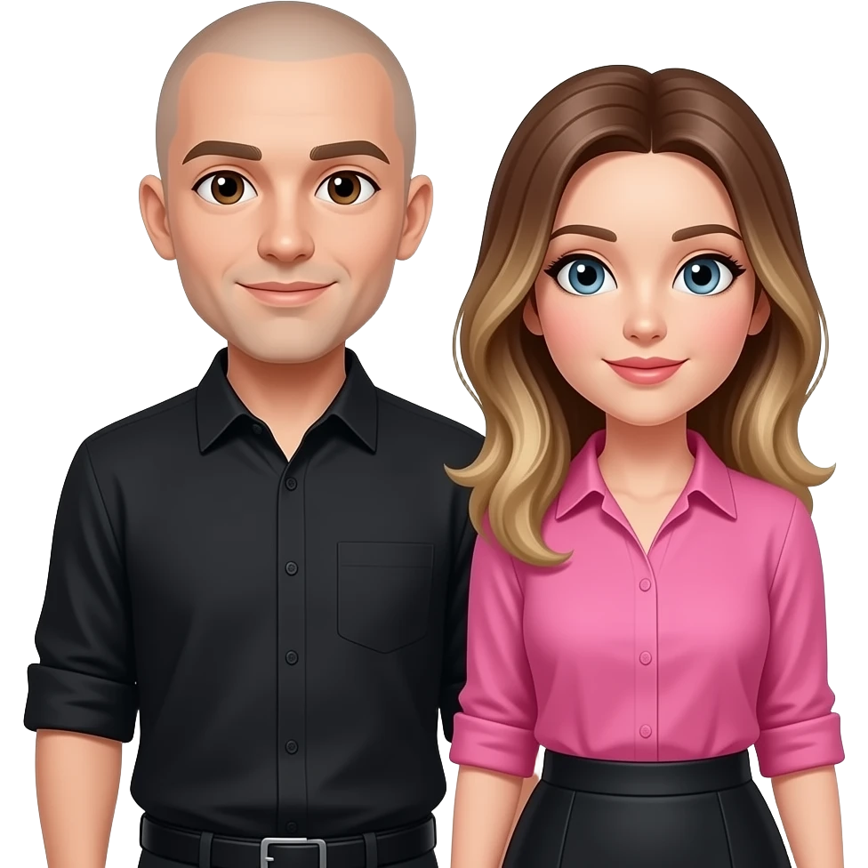 Emoji of a White man with Brown eyes shaved hair wearing black shirt with woman with Brown and blonde hair wearing a pink shirt and black skirt emoji