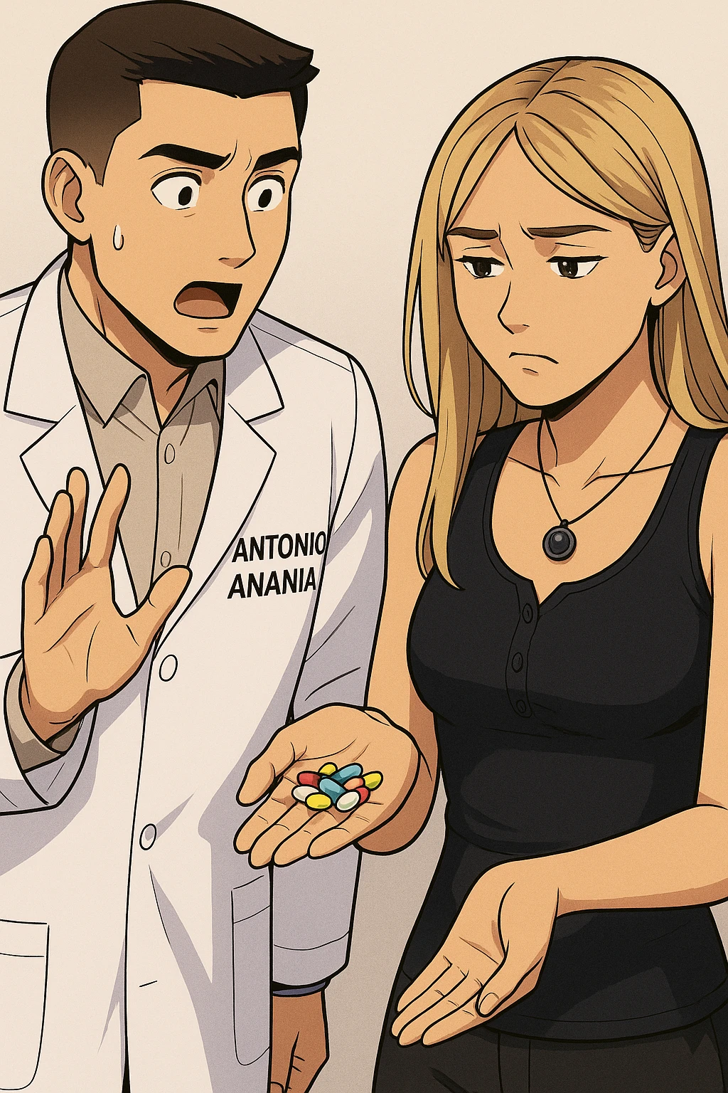 fai un webtoon/manga a colori con questo kinesiologo in camice bianco (fagli la scritta "ANTONIO ANANIA" SUL CAMICE) CHE PARLA CON QUESTA RAGAZZA. LA RAGAZZA HA UN PUGNO DI INTEGRATORI IN MANO (TANTE PILLOLE DIVERSE) E LE GUARDA DUBBIOSA. IL KINESIOLOGO CON IL CAMICE BIANCO LE DOMANDA UNA COSA SCIOCCATO. NON FARE I FUMETTI, FAI SOLO LORO COME SE DIALOGASSERO emoji