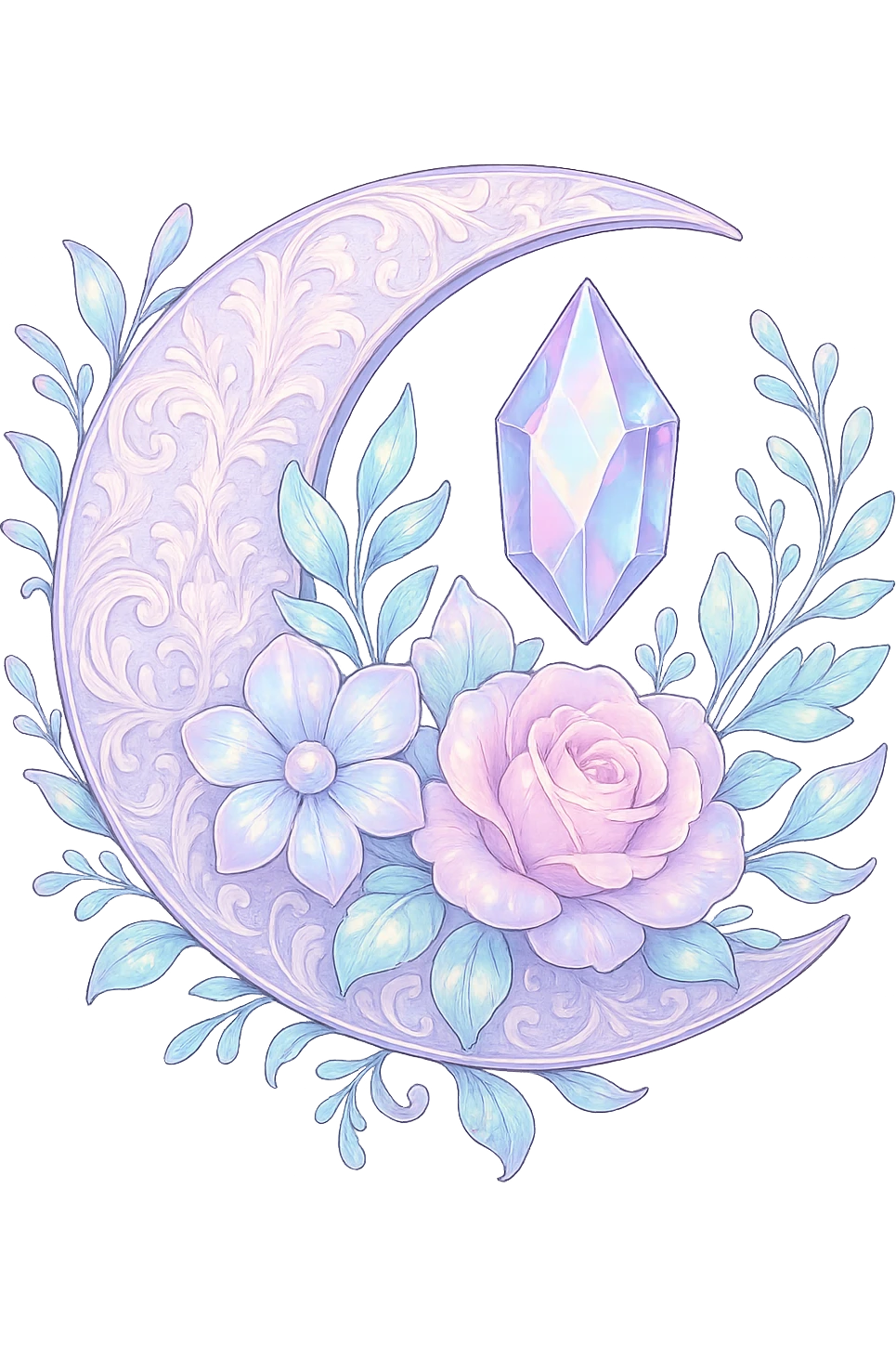 glossy Pastel iridescent floral shiny crystal crescent damask moon, remove background emoji