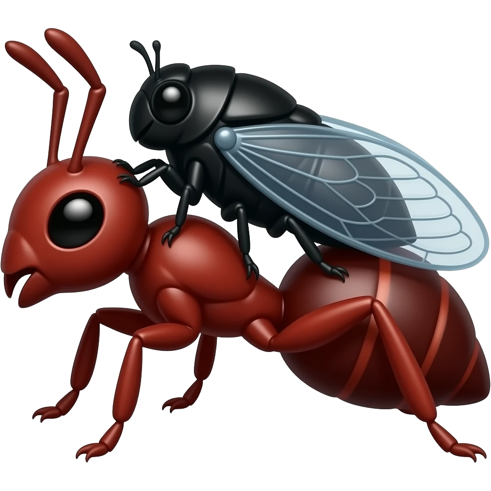 a black cute girly cicada on the back of red muscular ant emoji