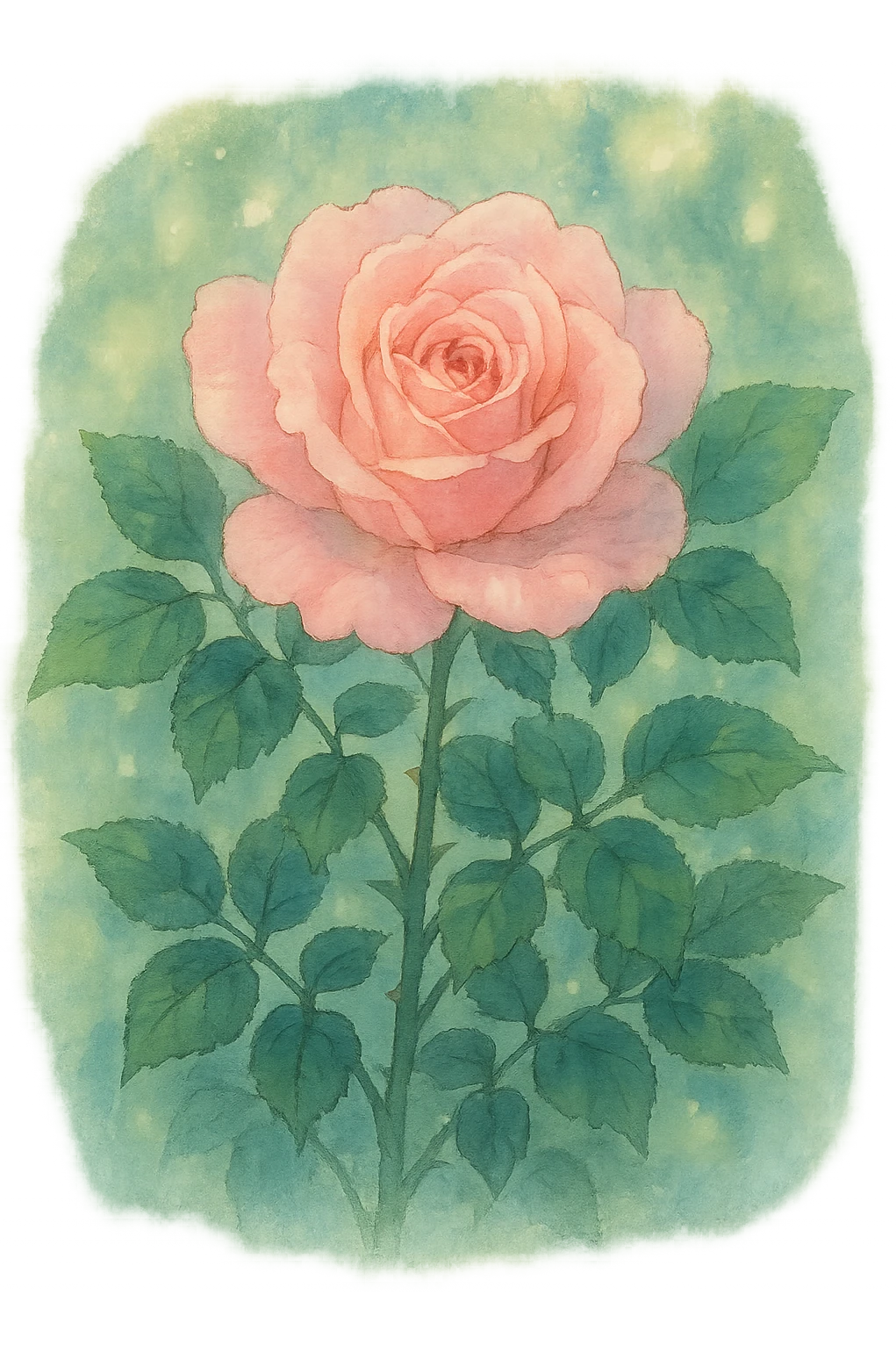 pink rose, ghibli style, soft petals, dreamy atmosphere, green leaves emoji