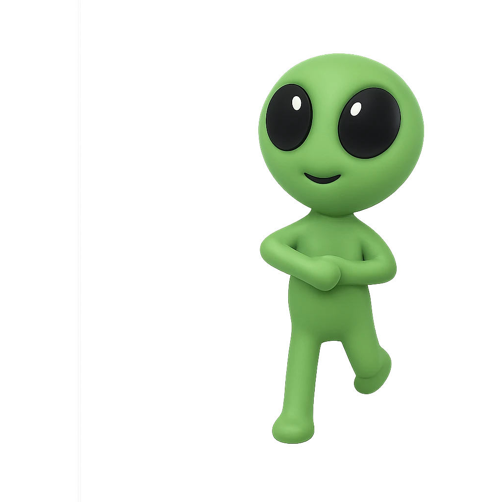 Create a neon green alien dancing, almost identical to the reference image, with minimal changes in the positions of arms and legs, looking straight ahead. This is frame 12 of the animation. PNG with transparent background. emoji