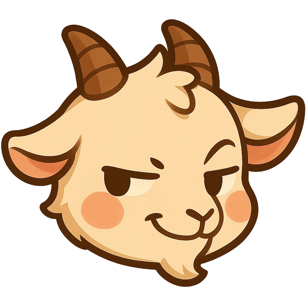 Chibi style goat head only, looking to the side with a little smirk and mischievous expression, slight blush on cheeks, same head shape and crop as the reference image, white background, designed for a small emote. emoji
